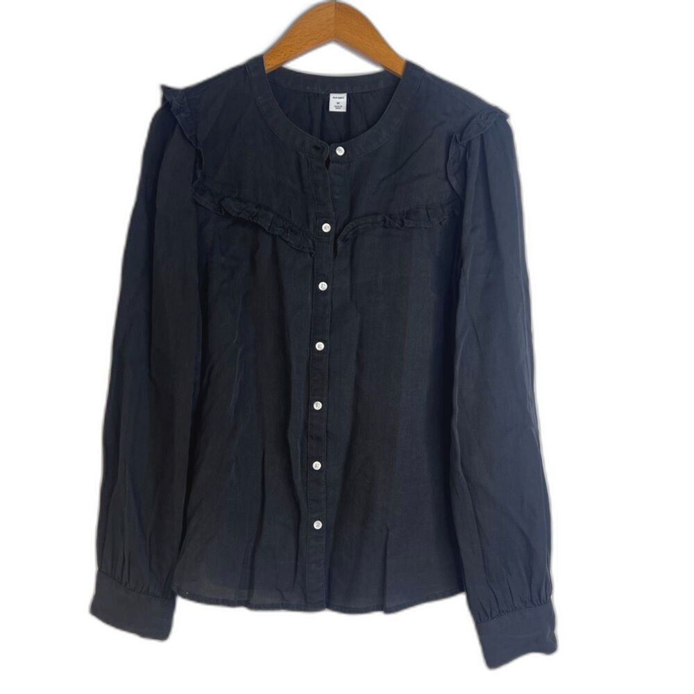 Old Navy Black Soft Chambray 100% Lyocell Ruffled Bodice Button Front Top Sz MD